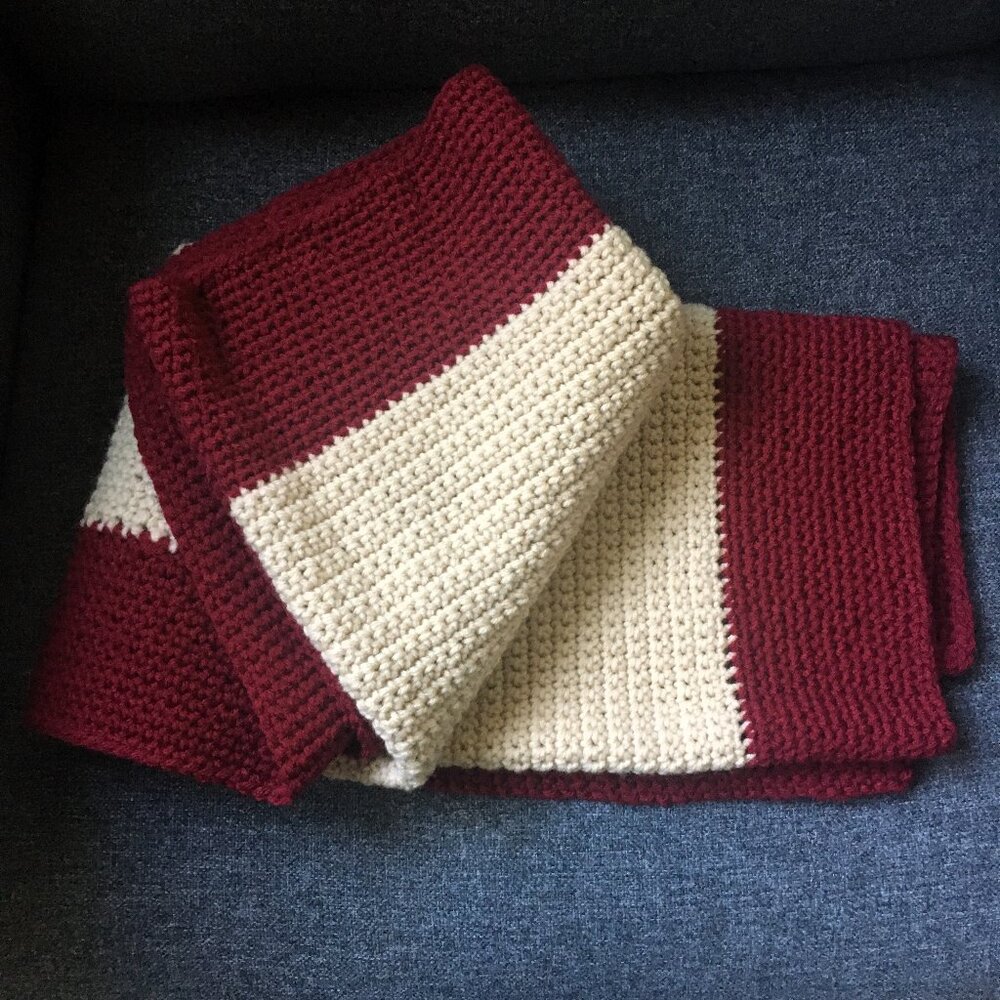 Hand Crocheted Two Tone Garnet Red Cream Border Lap Blanket Throw